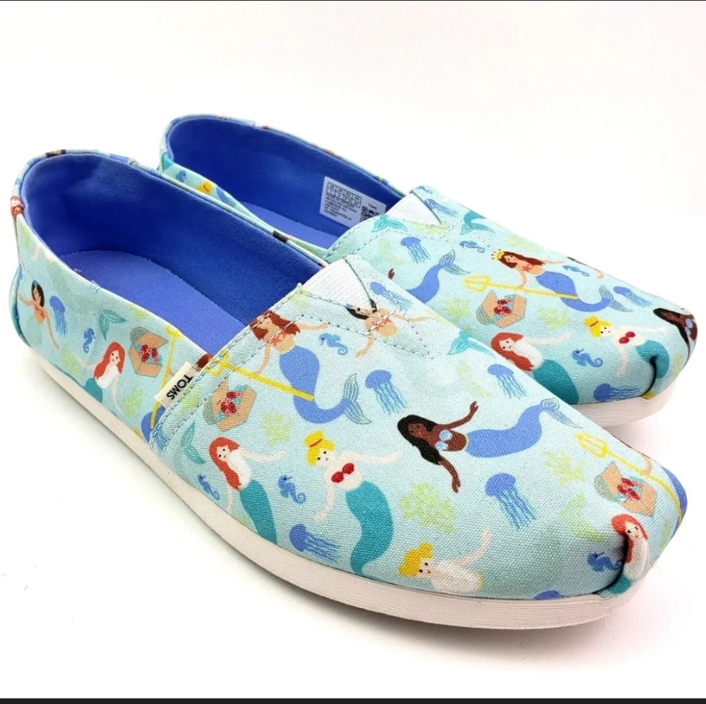 Toms Alpargata Slip-on Flats Canvas Sneakers Shoes Blue Mermaid Print Size 8.5
